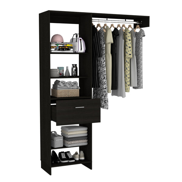 English Elm Hybrid Closet System with Five Open Shelves, Spacious Drawer & Metal Rod for Smart Vertical Storage Black 83 L x 20 W x 4 H B128S00093