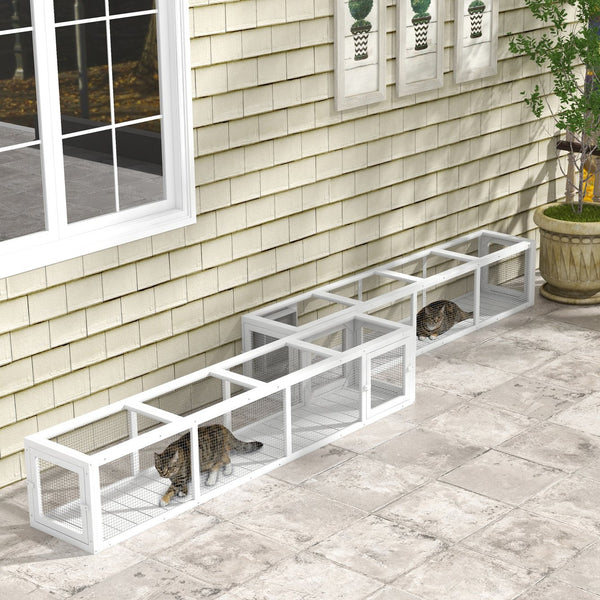 English Elm PawHut Extendable Outdoor Cat Tunnel 79" Wooden Catio Run with Weatherproof Mesh, Multi-Entry White+Black W2225P200586