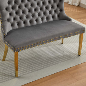 English Elm Velvet Wingback Dining Bench Tufted Two Seat Mid Century Modern Brushed Steel Base Gray W1143P406978