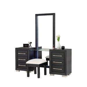 English Elm Contemporary Glam Vanity with Rhinestone Trim and Tempered Glass Top, High Gloss Finish, Illuminated Appeal Black 37 L x 24 W x 34 H B2741S00673