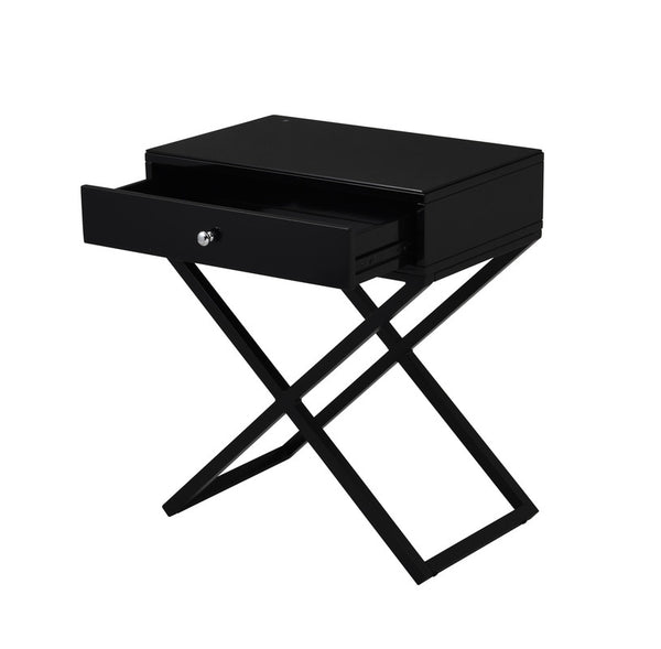 English Elm Dario Contemporary End Table with Tempered Glass Top Open Shelf and Storage Drawer Black B2749P413397