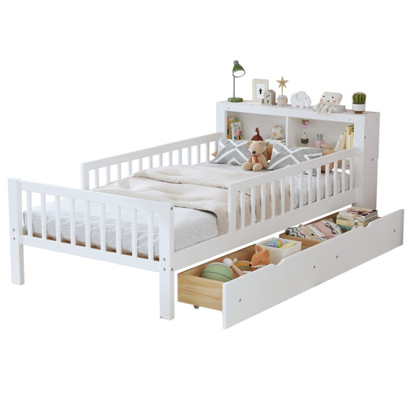 English Elm Twin Size Bed With Headboard Storage, Two Drawers, Safety Guardrails, And Stylish White Finish N733P272374K-GIGA