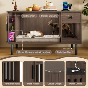 English Elm 37.4" Mdf Cat Litter Enclosure with Tambour Door Walnut Finish and Charging Station N704P380550D