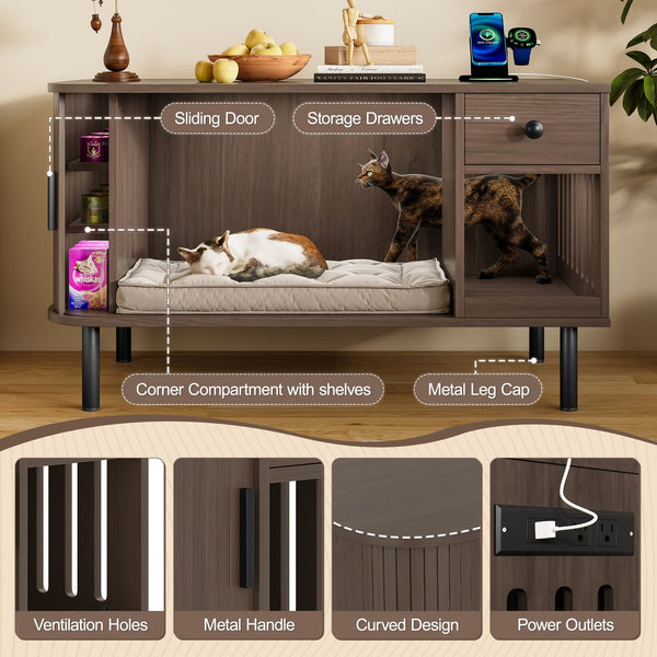 English Elm 37.4" Mdf Cat Litter Enclosure with Tambour Door Walnut Finish and Charging Station N704P380550D