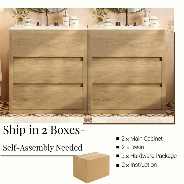 English Elm Christopher Knight Home® - 60" Double Sinks Bathroom Vanity Set with Two Ceramic Basins, Soft-Close Drawers, Sleek Handle-Free Design Natural Wood N817P280550N
