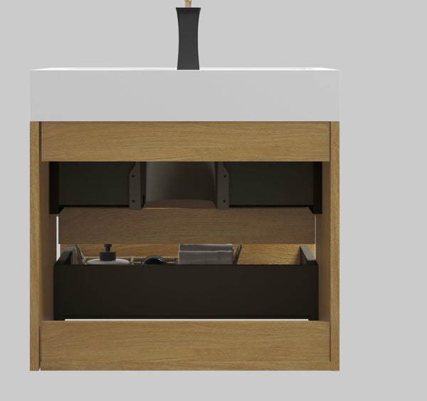 English Elm U040-Alice24-106 Alice 24" Natural Oak Wall-Mounted Bathroom Vanity with Integrated Basin, Soft-Close Drawers and Bevel Handle-Free Design W1865S00040