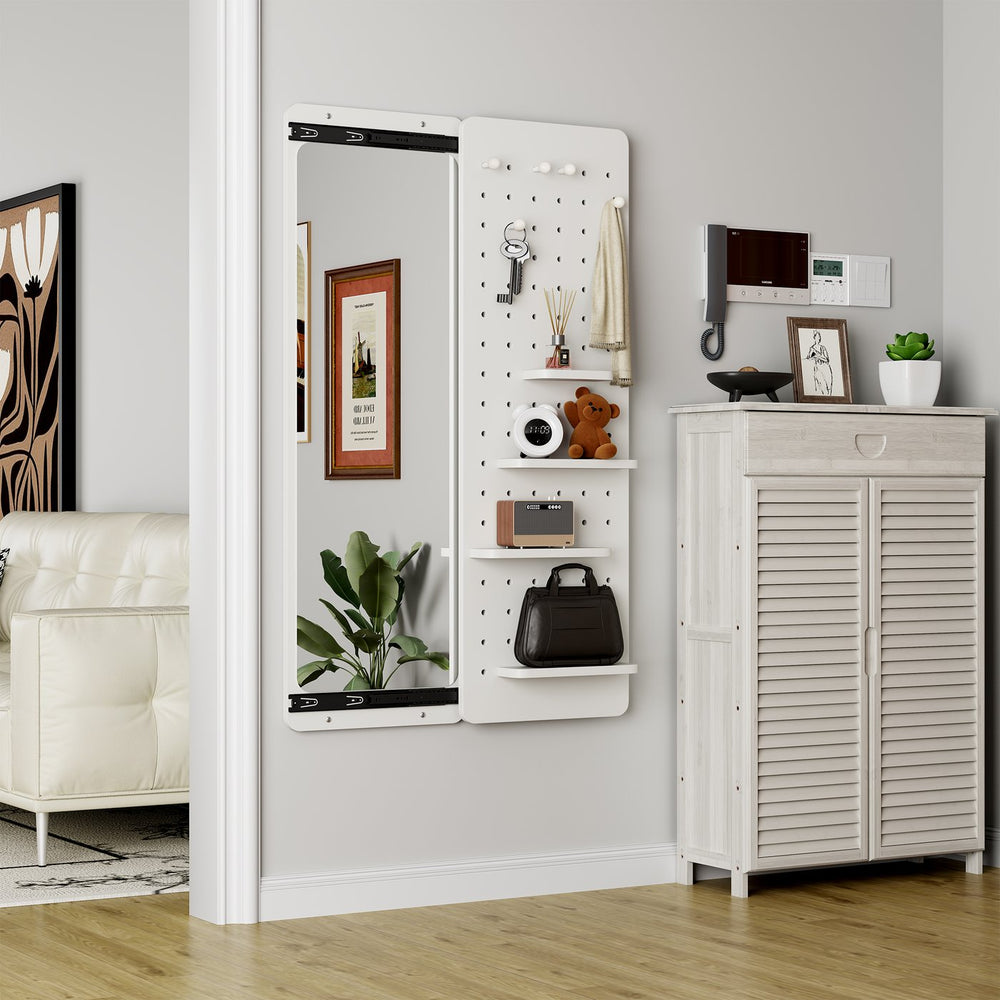 English Elm 47.6 Inch Sliding Full Length Mirror with Hidden Rubber Wood Storage Panel for Bedroom W2987P289196