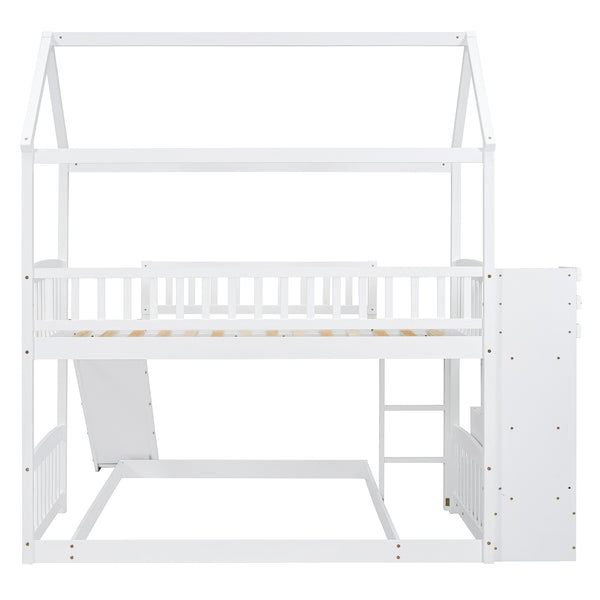 English Elm Twin Over Full Bunk Bed Playhouse Frame with Slide Staircase and Storage Drawers LT100129AAK