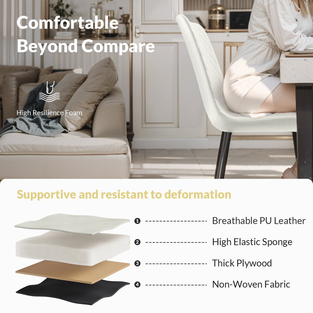 English Elm White PU Leather Dining Chair Set of 2 — Thick Cushion, Metal Legs, Durable PU, Adjustable Feet, 300lb Capacity T3967P399493