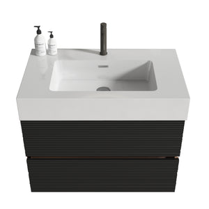 English Elm 30' Mid-Century Wall-Mounted Vanity with Oak-Tone Walnut Finish, Extra Storage & Soft-Close Drawers Black,Glossy White W1865S00171