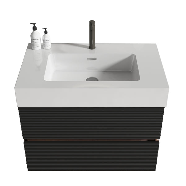 English Elm 30' Mid-Century Wall-Mounted Vanity with Oak-Tone Walnut Finish, Extra Storage & Soft-Close Drawers Black,Glossy White W1865S00171