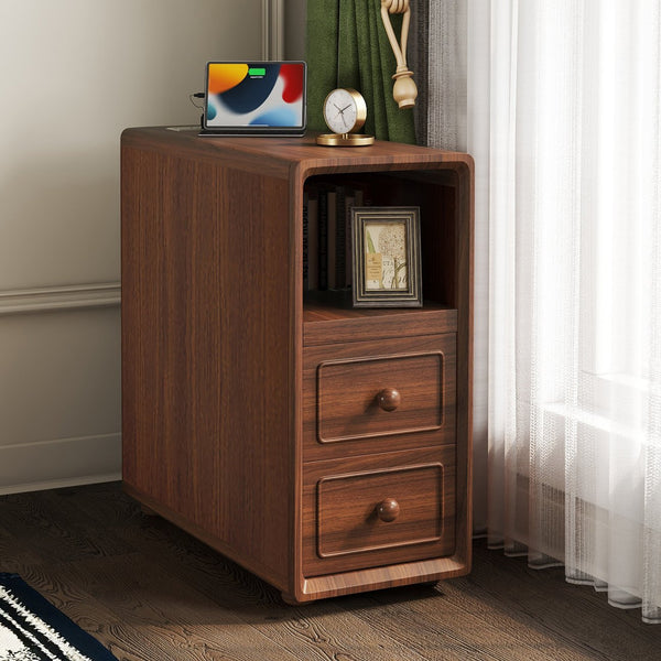 English Elm End Table With Charging Station, Ample Storage & Warm Walnut Finish For Bedroom Or Living Room W2593P289144