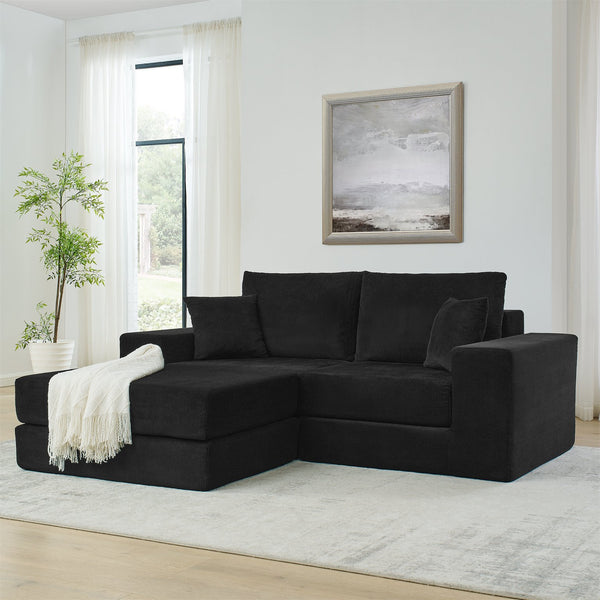 English Elm Modular Cloud Sectional Sofa with Corduroy Upholstery, Deep-Seat Sleeper Loveseat, Removable Ottoman, No-Assembly Comfort and Customizable Configuration Black W1117P357545