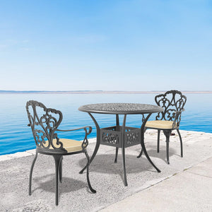 English Elm 3-Piece Cast Aluminum Patio Furniture Set With Beige Cushions For Cozy Outdoor Dining Spaces W1710S00053