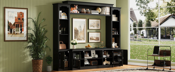 English Elm Entertainment Wall Unit with Glass Doors Open Shelving Mdf Living Room Storage Black N710S688102B