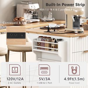 English Elm K&k Fluted Rolling Kitchen Island Faux Marble Top Power Outlet Storage Drawers White N707P353945W