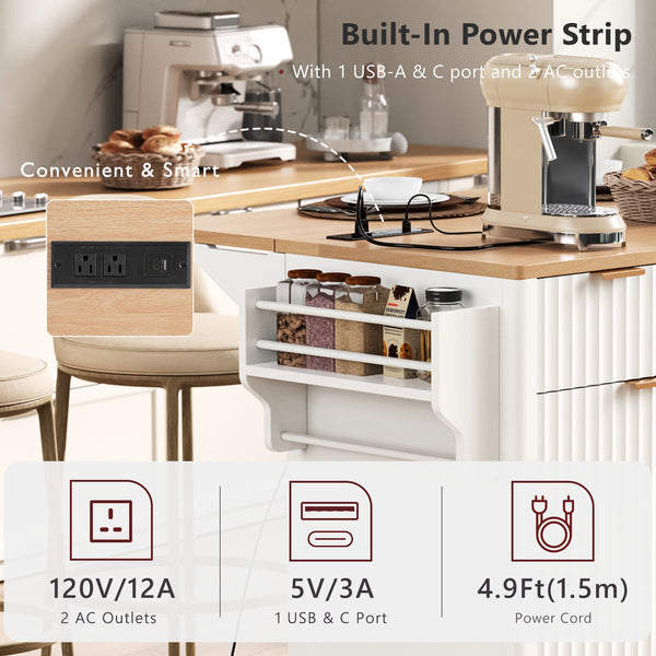 English Elm K&k Fluted Rolling Kitchen Island Faux Marble Top Power Outlet Storage Drawers White N707P353945W