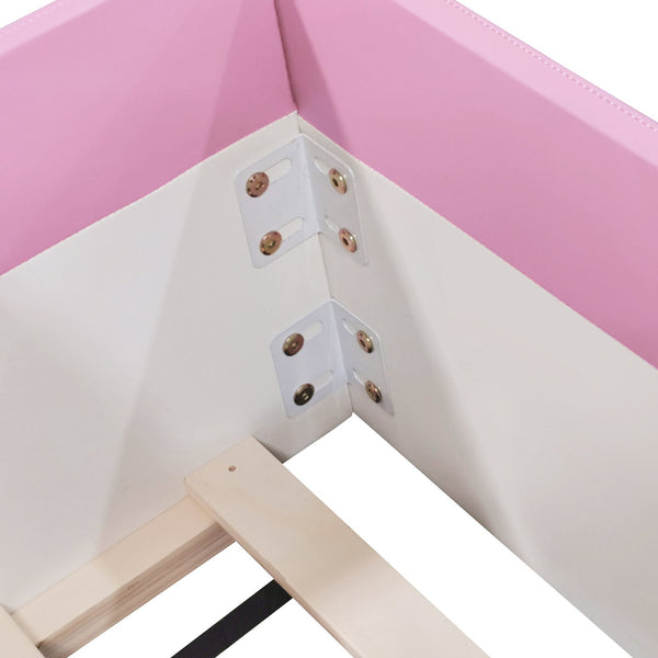 English Elm Twin Upholstered Daybed Frame with Fence & Stairs in Pink+White, PU Comfort, 10 Slats, 300lb Capacity SF000153AAH