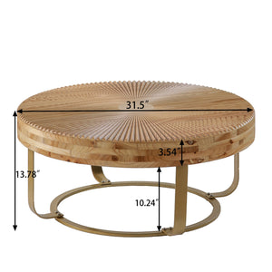 English Elm Modern carved pine coffee table with sculpted tabletop and metal legs for chic living room style, durable 220 lb capacity Natural+Gold W757P186929