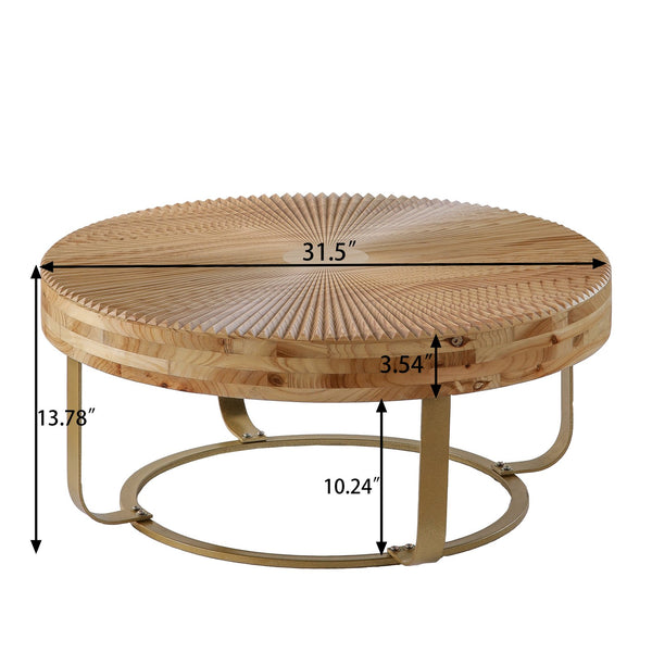 English Elm Modern carved pine coffee table with sculpted tabletop and metal legs for chic living room style, durable 220 lb capacity Natural+Gold W757P186929