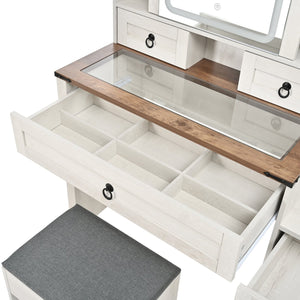 English Elm Farmhouse LED Vanity Desk with Sliding Mirror, Glass Top Storage, Built-In Charging Station & Stool White 37 L x 18.5 W x 13 H N733P340562K