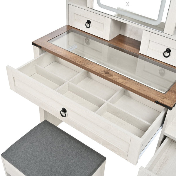 English Elm Farmhouse LED Vanity Desk with Sliding Mirror, Glass Top Storage, Built-In Charging Station & Stool White 37 L x 18.5 W x 13 H N733P340562K
