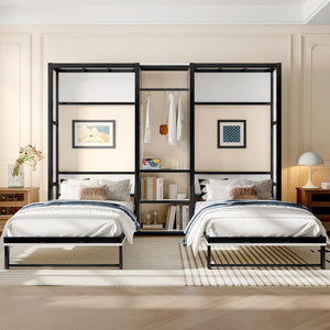 English Elm Twin Twin Murphy Bed with Metal Frame, Foldable 2-in-1 Space-Saving Design, Built-In Wardrobe, Shelves, Power Outlets and Durable Storage Solution Off White W1580S00147