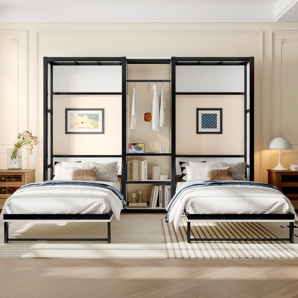 English Elm Twin Twin Murphy Bed with Metal Frame, Foldable 2-in-1 Space-Saving Design, Built-In Wardrobe, Shelves, Power Outlets and Durable Storage Solution Off White W1580S00147