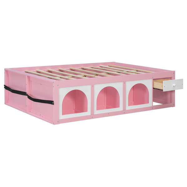 English Elm Full Size Kids Platform Bed with Led Lighting Bookshelf Display Cabinet and Storage Drawer Pink+White N820S00077H