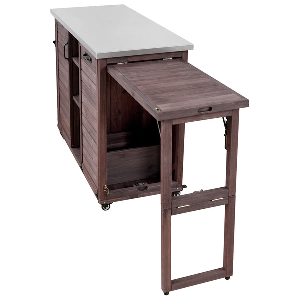 English Elm K&k Outdoor Rolling Kitchen Island Fir Wood Stainless Steel Top with Foldable Prep Station Dark Brown N707P370276Z