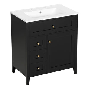 English Elm 30-Inch Contemporary Bathroom Vanity with Sink, MDF & Rubberwood, Glossy Finish, 3 Drawers + Cabinet Black N725P350819B