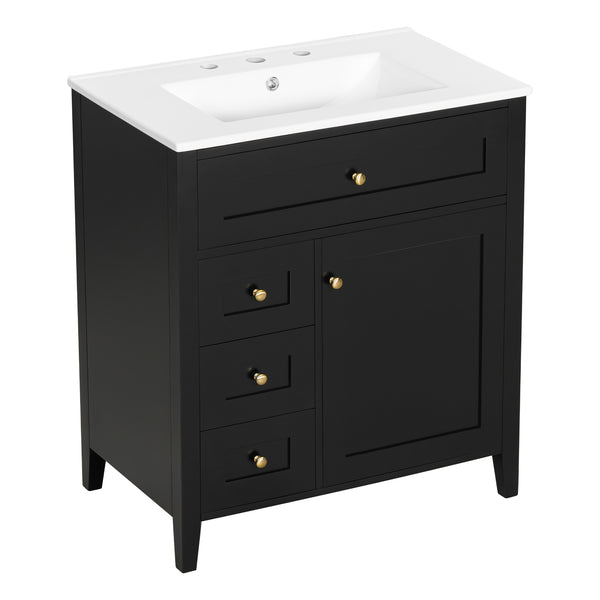 English Elm 30-Inch Contemporary Bathroom Vanity with Sink, MDF & Rubberwood, Glossy Finish, 3 Drawers + Cabinet Black N725P350819B