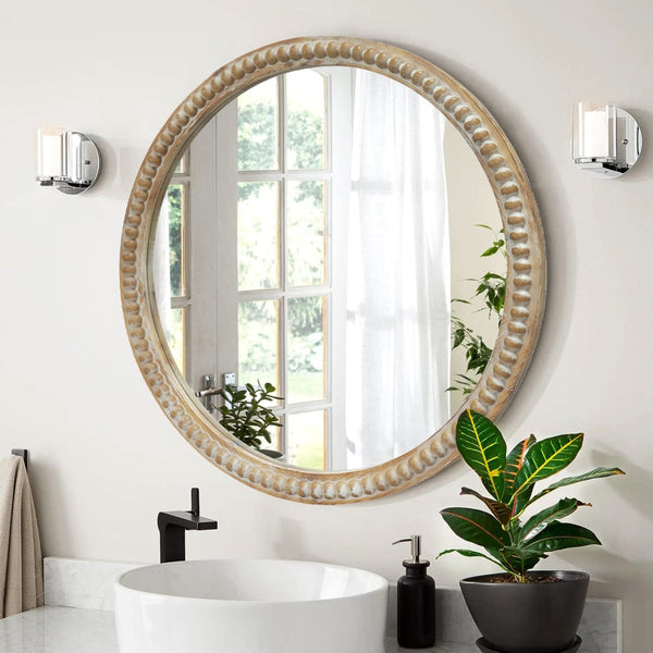 English Elm Round Decorative Wall Mirror - 23.62" Beaded Frame For Farmhouse Charm In Living Room, Entryway & Bath W2295P389104-GIGA