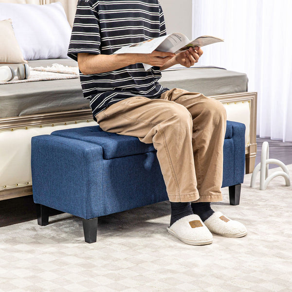 English Elm HOMCOM Linen Storage Ottoman Bench with Lift-Top and Button Tufting, Plush Seat, Durable Wood Frame Blue W2225P217741