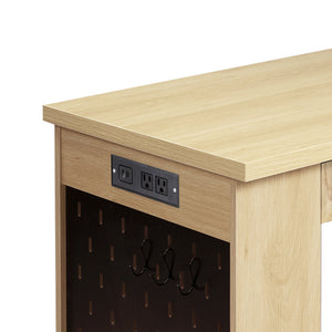 English Elm 55" Fluted White Computer Desk with Power Outlet Pegboard Cabinet and Keyboard Tray W2917P396017