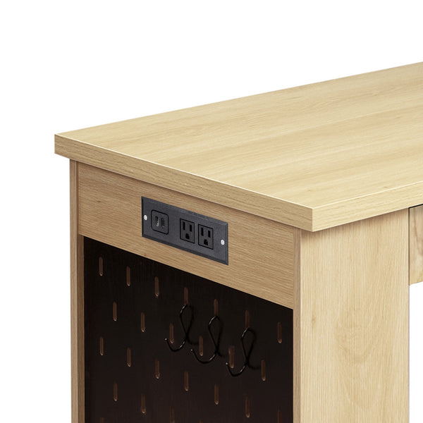 English Elm 55" Fluted White Computer Desk with Power Outlet Pegboard Cabinet and Keyboard Tray W2917P396017