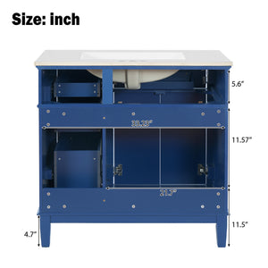 English Elm 36" Blue Modern Bathroom Vanity with Ceramic Sink, Solid Wood+MDF, Soft-Close Doors, 4 Drawers, Compact Elegance for Small Spaces N729P253935C