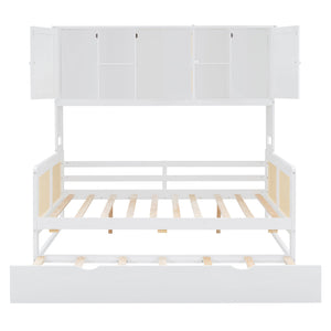 English Elm Full Wooden Daybed With Twin Trundle & Versatile Cabinet Shelf - Space-Saving Comfort In White N820S00049K