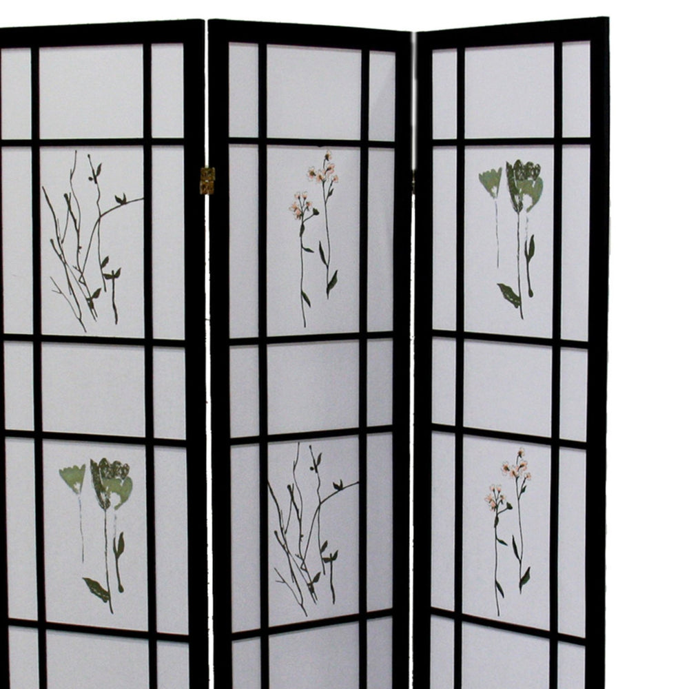 English Elm 70" Tall Shoji Room Divider - Elegant 3-Panel Screen In Black With Floral Design For Stylish Spaces B072115964