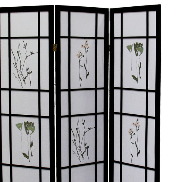 English Elm 70" Tall Shoji Room Divider - Elegant 3-Panel Screen In Black With Floral Design For Stylish Spaces B072115964