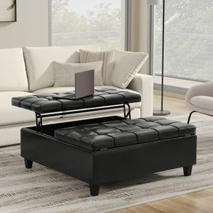 English Elm Harrison Large Square Storage Ottoman Coffee Table with Tufted Vegan Leather, Lift-Top & Seating Black B136P254711