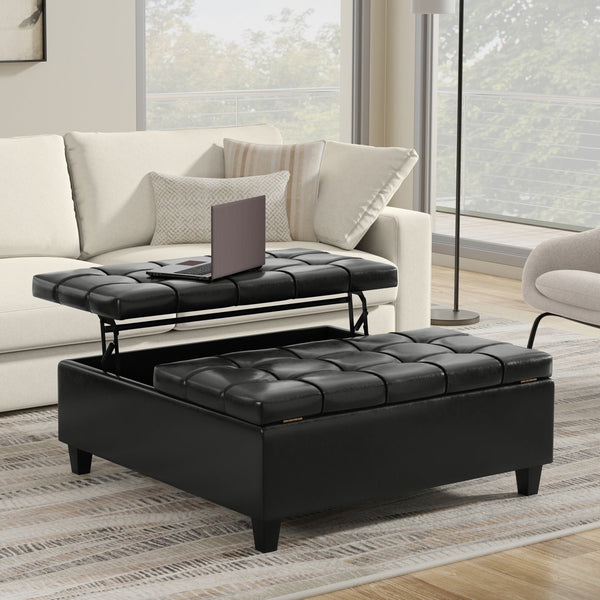 English Elm Harrison Large Square Storage Ottoman Coffee Table with Tufted Vegan Leather, Lift-Top & Seating Black B136P254711