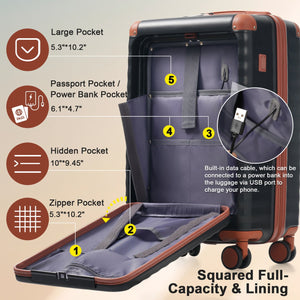 English Elm Luggage 5 Piece Abs Hardshell Travel Set with Usb Port Spinner Wheels and Tsa Lock Black Brown N732P265290B