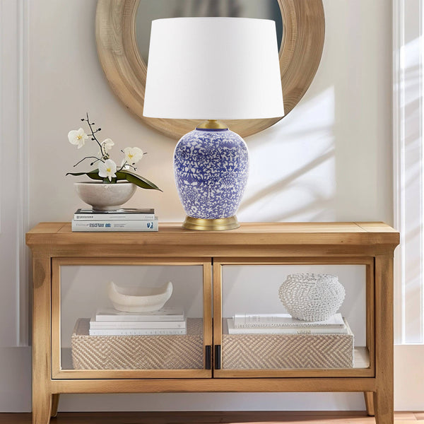English Elm Blue Ceramic Ginger Jar Table Lamp with Classic Porcelain Base, Fabric Shade, 22.5" Height, Cord B035P280528