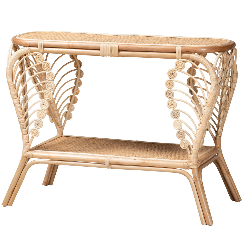 English Elm Bohemian Hand-braided Rattan Side Table with Open Shelf for Warm Organic Interiors B2750P467661