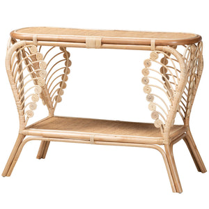 English Elm Bohemian Hand-braided Rattan Side Table with Open Shelf for Warm Organic Interiors B2750P467661