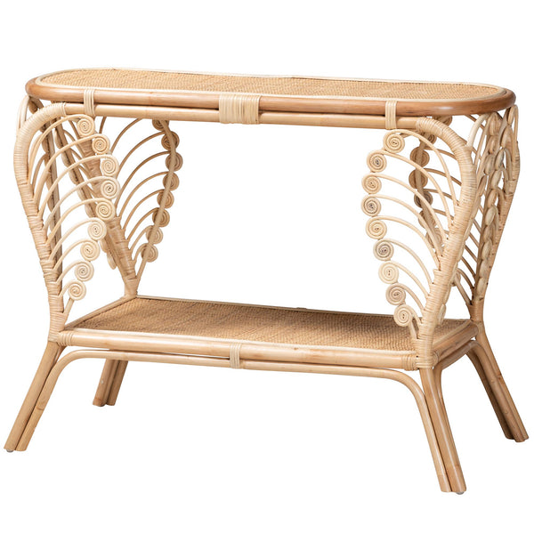 English Elm Bohemian Hand-braided Rattan Side Table with Open Shelf for Warm Organic Interiors B2750P467661