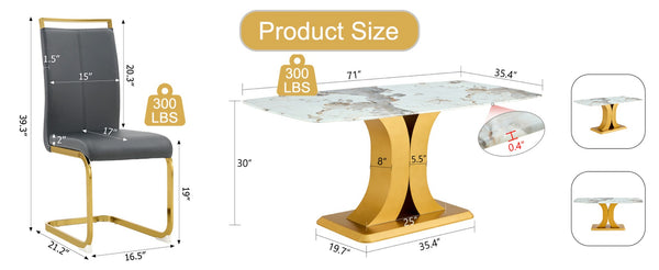 English Elm Table Luxurious 9-Piece Dining Set With Patterned Glass Top And Golden Legs, 8 Dark Gray Pu Chairs W1151S03236-GIGA