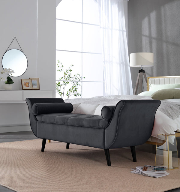 English Elm Vintage Velvet Tufted Storage Bench Mid Century Button Seat Entryway Bedroom Footstool Black+ Gray W2795P428652