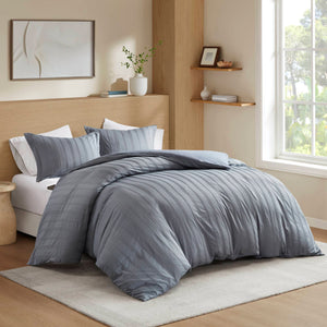 JLA Home Super Listing - Woven Logan Duvet Set with Subtle Striped Texture, Brushed Microfiber Reverse & Hidden Zipper Closure Blue/Grey AM12-0574